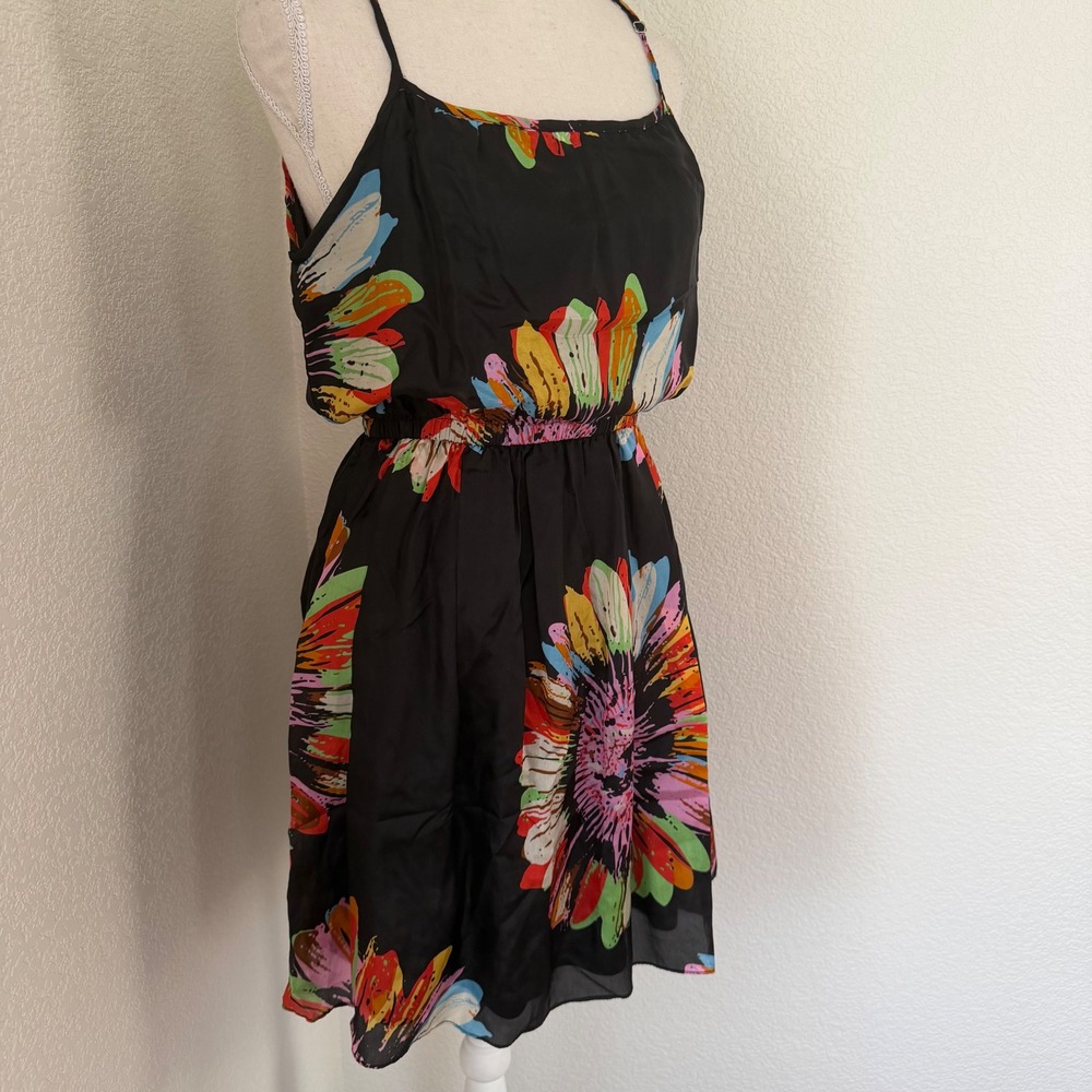 Season.js‎ Mini Dress Womens Sm Black Multi Floral Sunflower Elastic Waist Boho